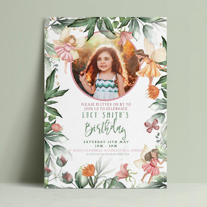 Editable fairy birthday invitation with circular photo frame and watercolour botanical fairy design — digital download template via Corjl