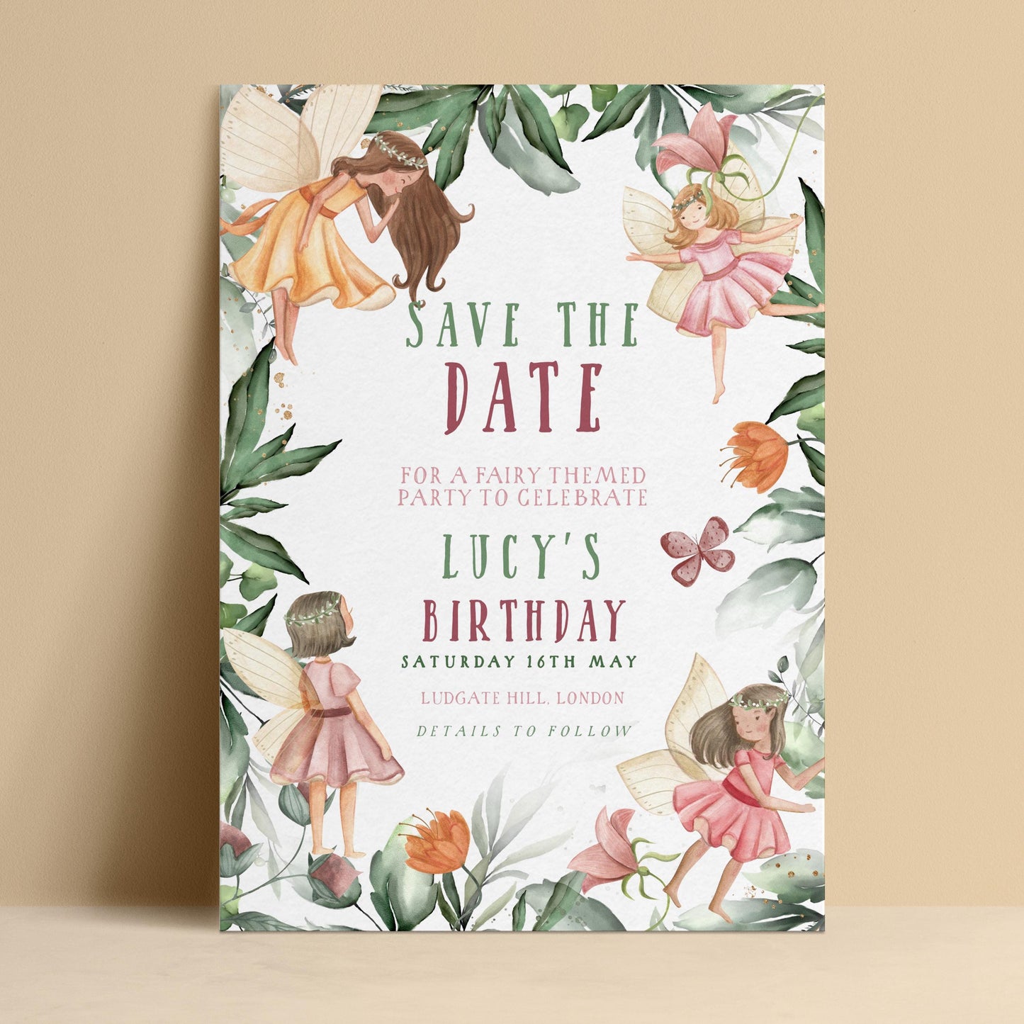 Editable fairy birthday save the date with watercolour fairies and botanical border in green and pink — digital download template via Corjl