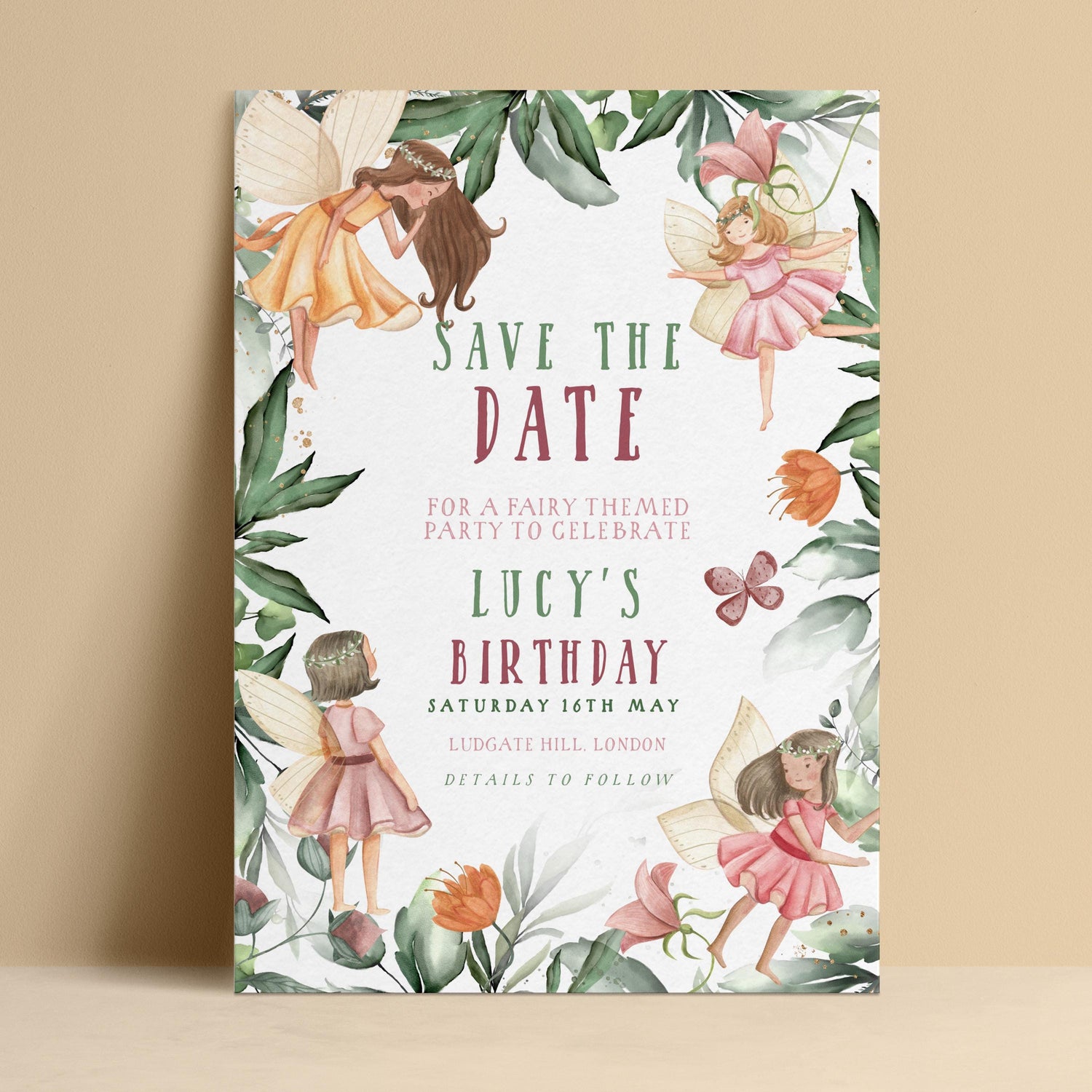 Editable fairy birthday save the date with watercolour fairies and botanical border in green and pink — digital download template via Corjl