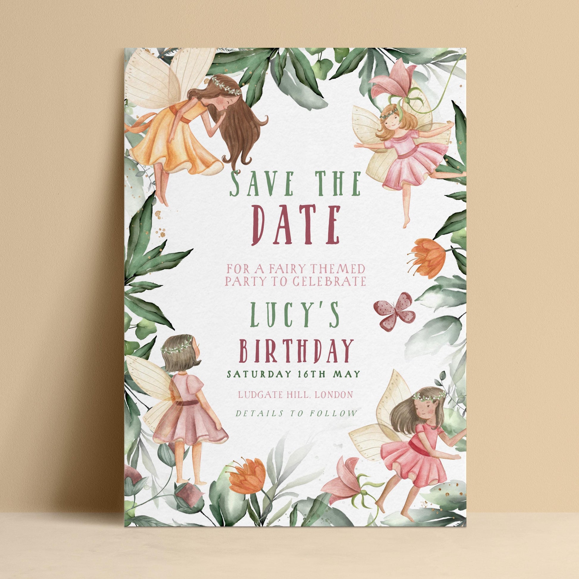 Editable fairy birthday save the date with watercolour fairies and botanical border in green and pink — digital download template via Corjl