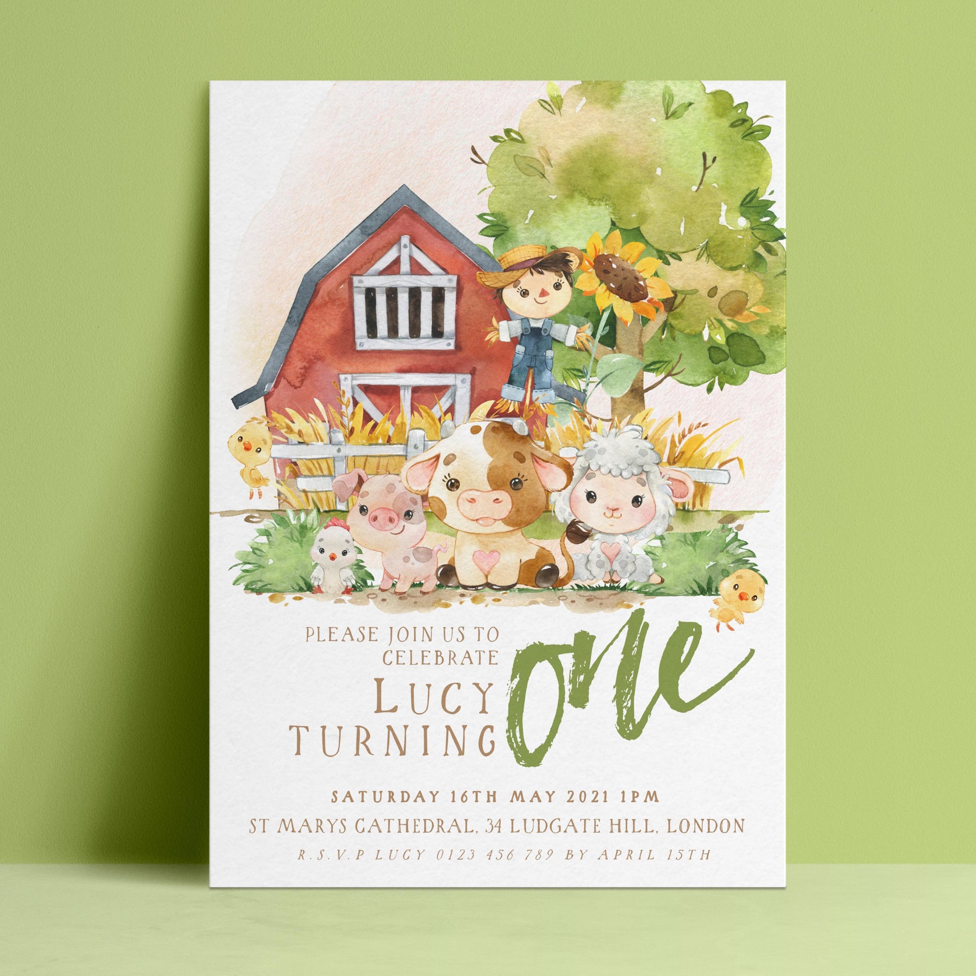 Editable farmyard 1st birthday invitation with watercolour baby pig cow lamb chick and red barn scene — digital download template via Corjl
