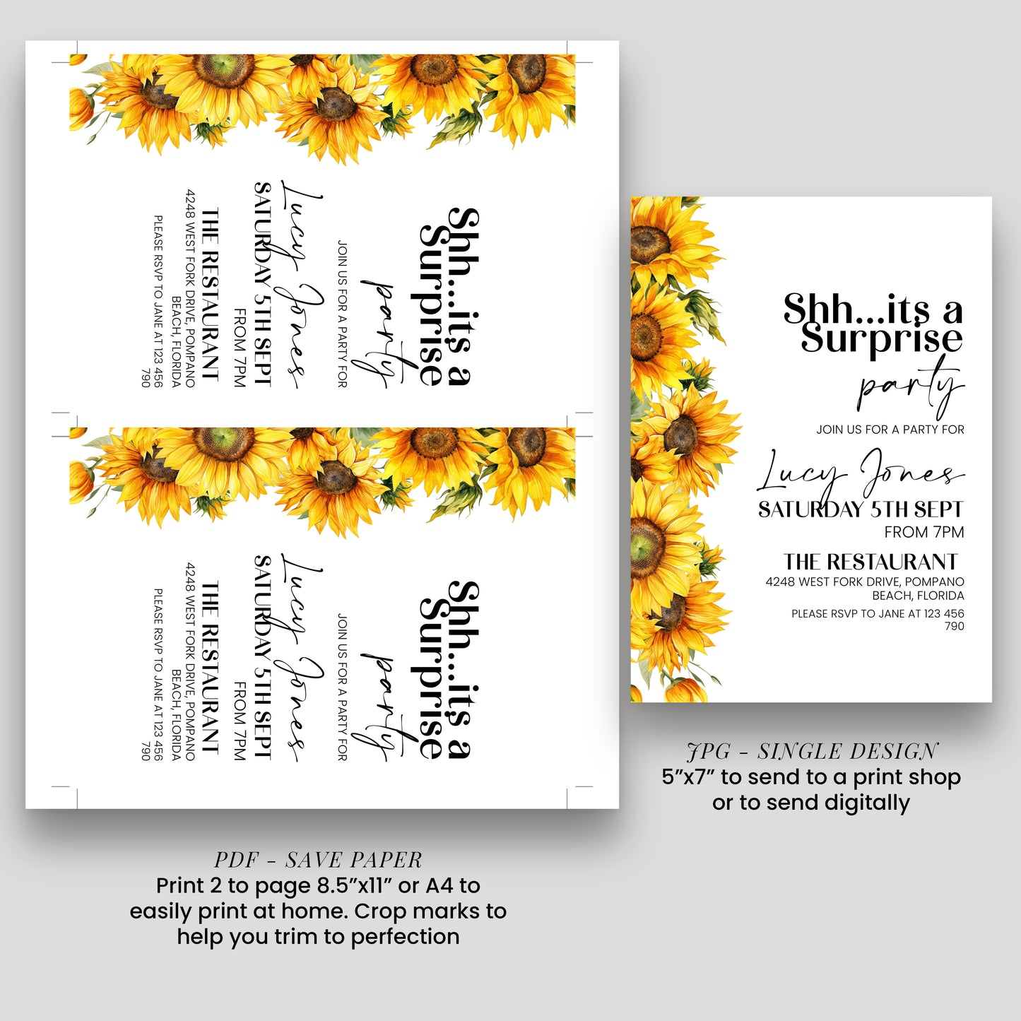 Sunflower Surprise Party Invitation | Editable Digital Download Template | Printable Birthday Surprise Invite