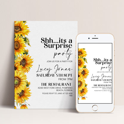 Sunflower Surprise Party Invitation | Editable Digital Download Template | Printable Birthday Surprise Invite
