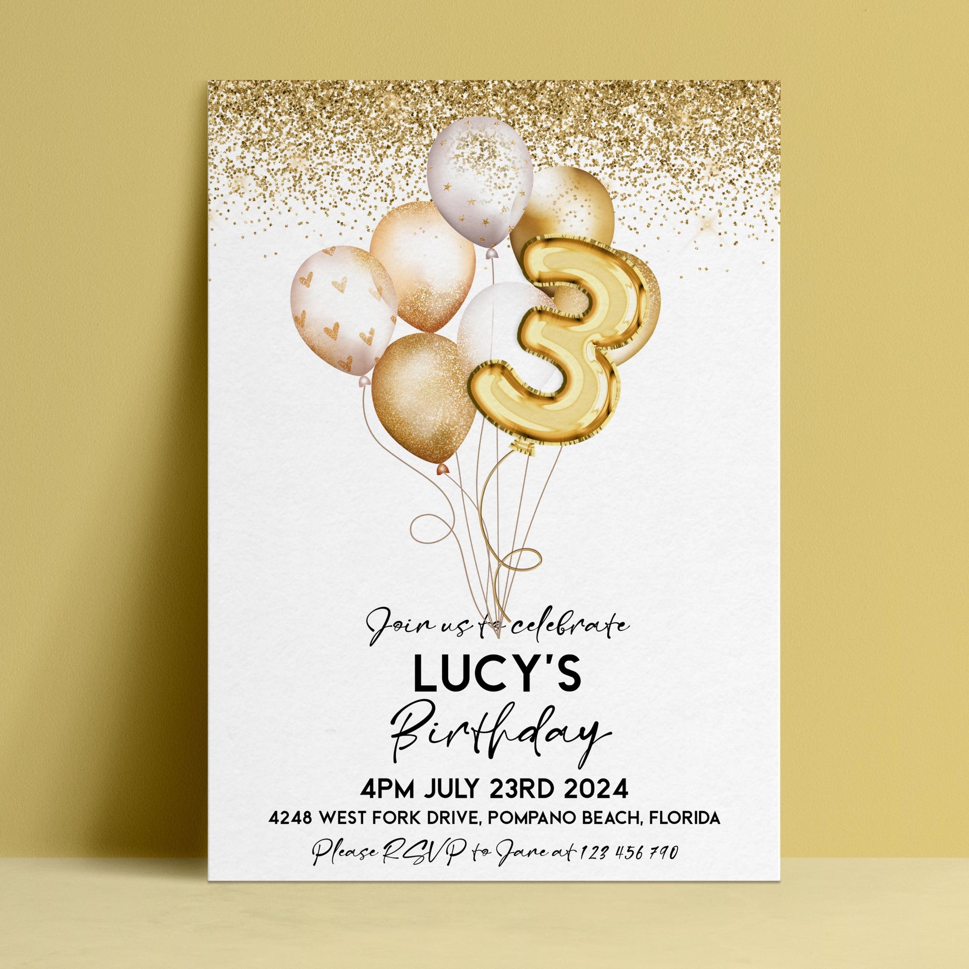 Gold glitter balloon 3rd birthday invitation digital download template via Corjl — editable and printable