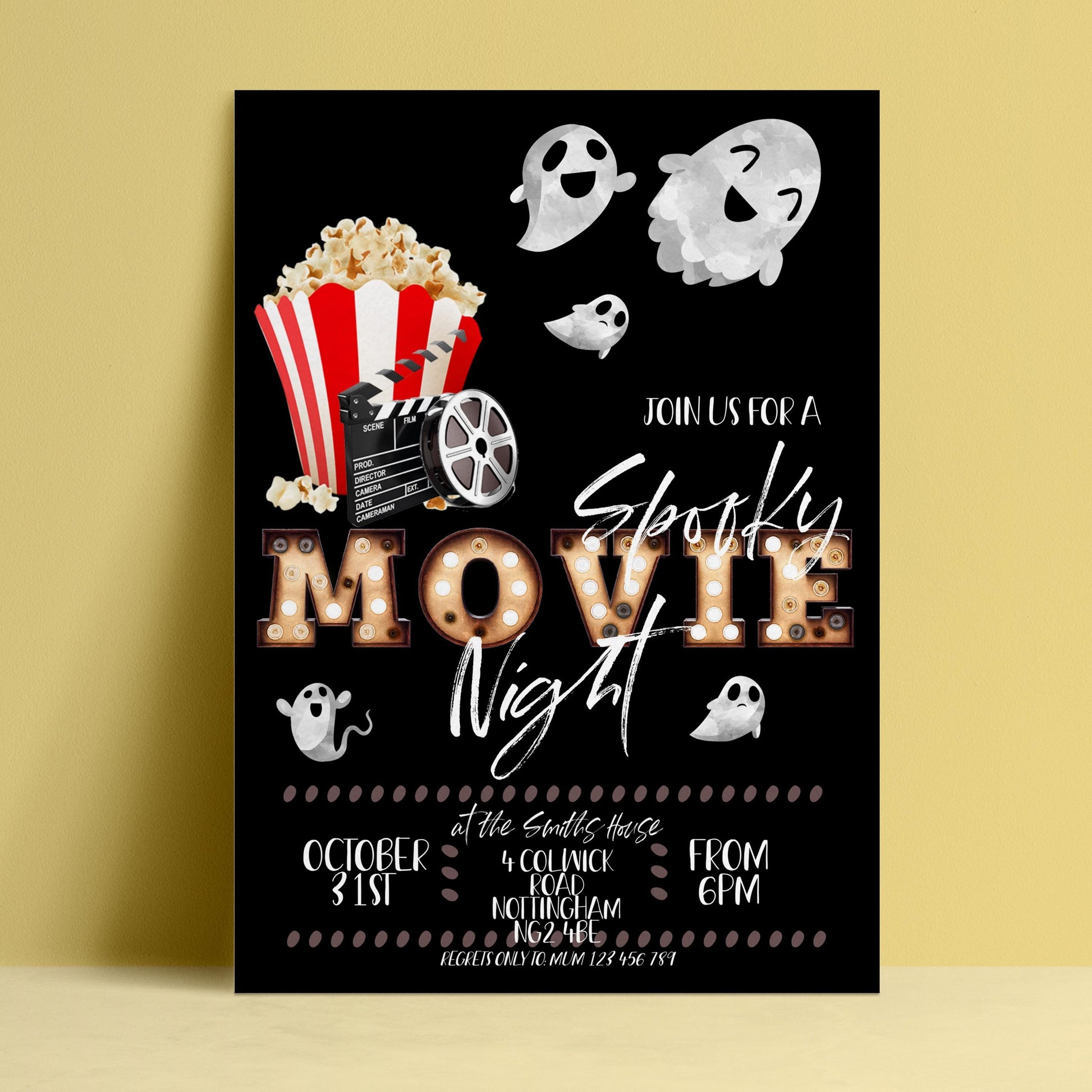 Editable Halloween movie night invitation with vintage marquee letters ghosts and popcorn on black background — digital download template via Corjl