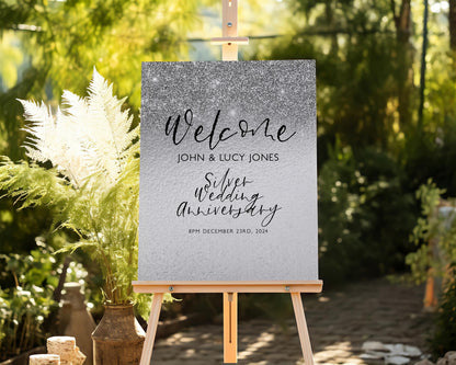 25th Anniversary Welcome Sign: Silver Wedding Theme - Editable Digital Printable, Corjl Template, Instant Download Party Decor