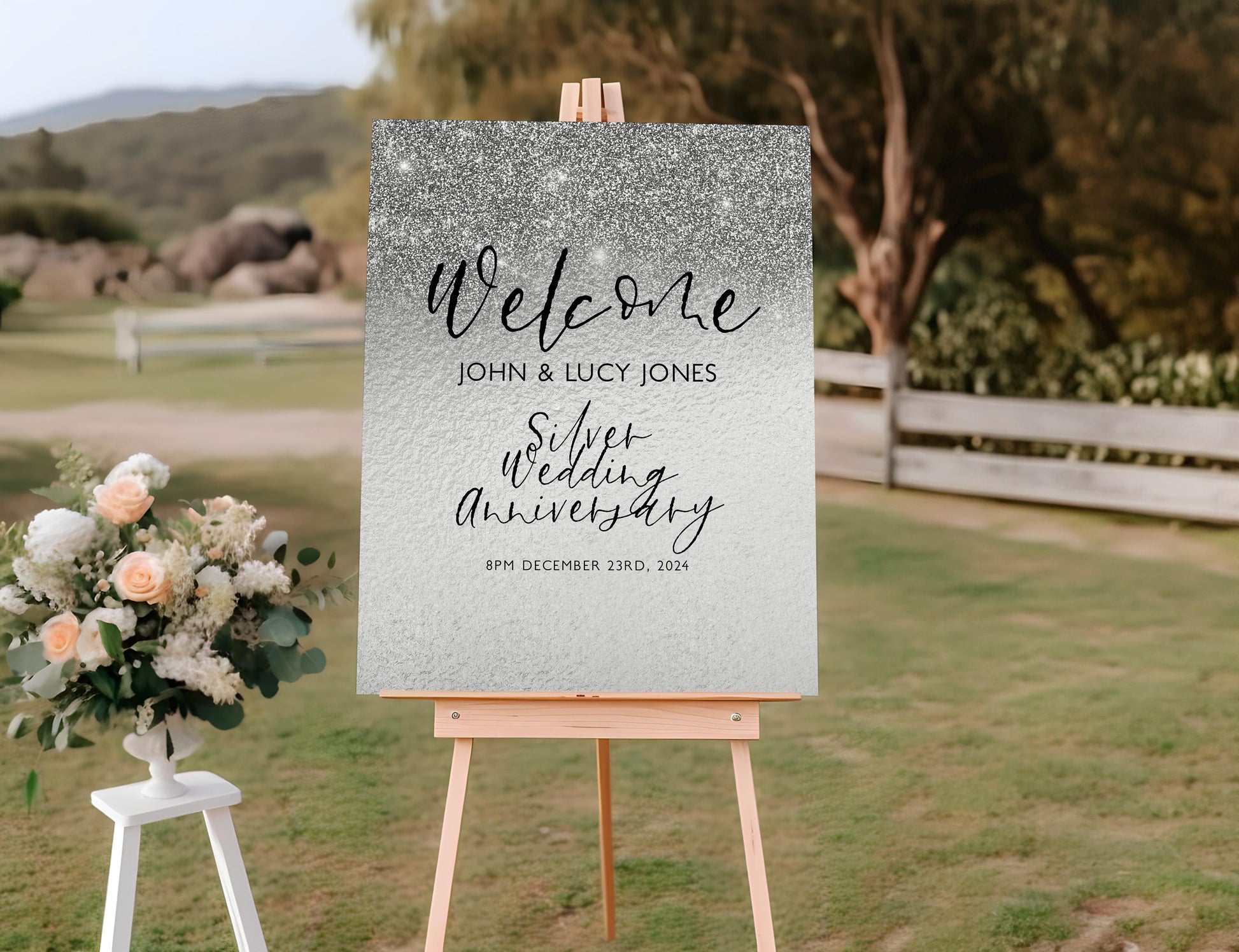 25th Anniversary Welcome Sign: Silver Wedding Theme - Editable Digital Printable, Corjl Template, Instant Download Party Decor