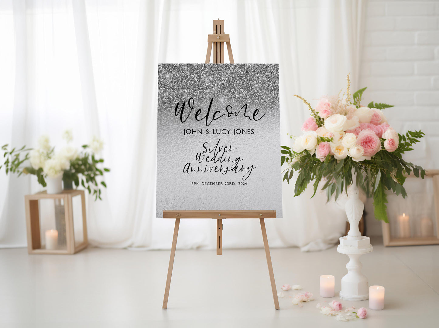 25th Anniversary Welcome Sign: Silver Wedding Theme - Editable Digital Printable, Corjl Template, Instant Download Party Decor