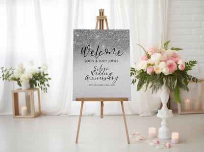 25th Anniversary Welcome Sign: Silver Wedding Theme - Editable Digital Printable, Corjl Template, Instant Download Party Decor