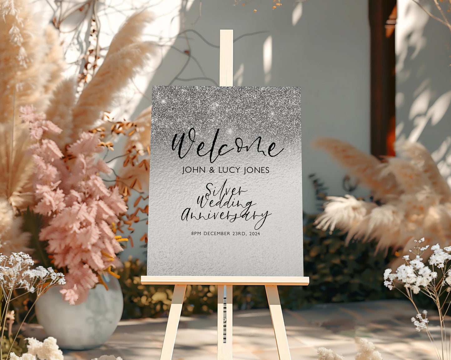 25th Anniversary Welcome Sign: Silver Wedding Theme - Editable Digital Printable, Corjl Template, Instant Download Party Decor