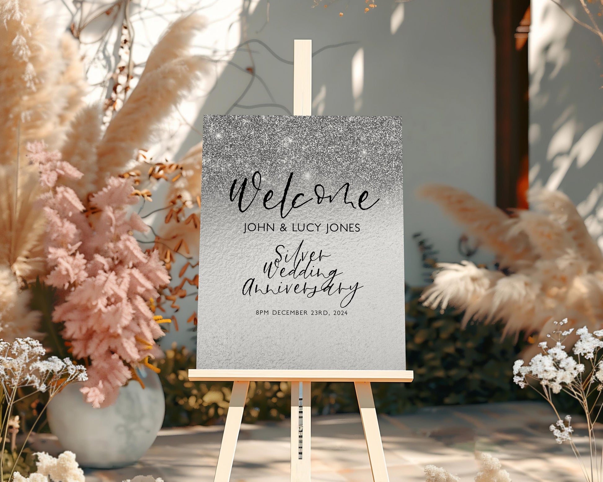 25th Anniversary Welcome Sign: Silver Wedding Theme - Editable Digital Printable, Corjl Template, Instant Download Party Decor