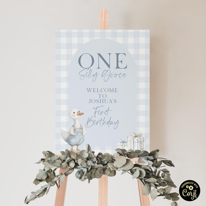 Silly Goose Birthday Welcome Sign Boy, Blue Gingham Editable Poster, 18x24 24x35 Sizes Included, 1st Birthday Corjl Template SG21