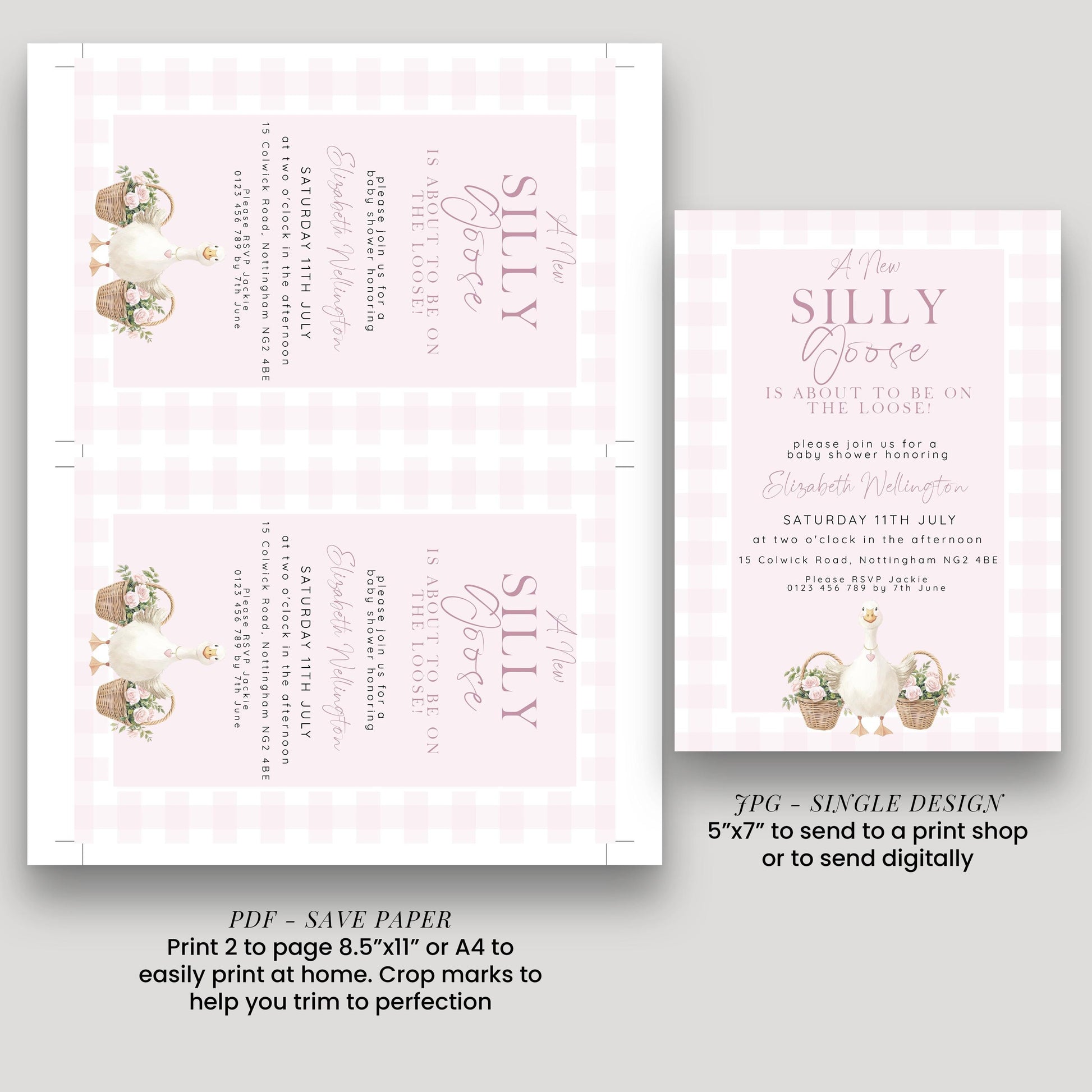 Silly Goose Baby Shower Bundle Girl, Editable Corjl Template Set, Books for Baby, Diaper Raffle, Thank You, Invite, Pink Gingham SG21