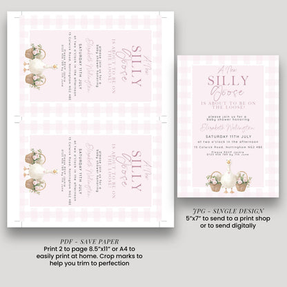 Silly Goose Baby Shower Bundle Girl, Editable Corjl Template Set, Books for Baby, Diaper Raffle, Thank You, Invite, Pink Gingham SG21