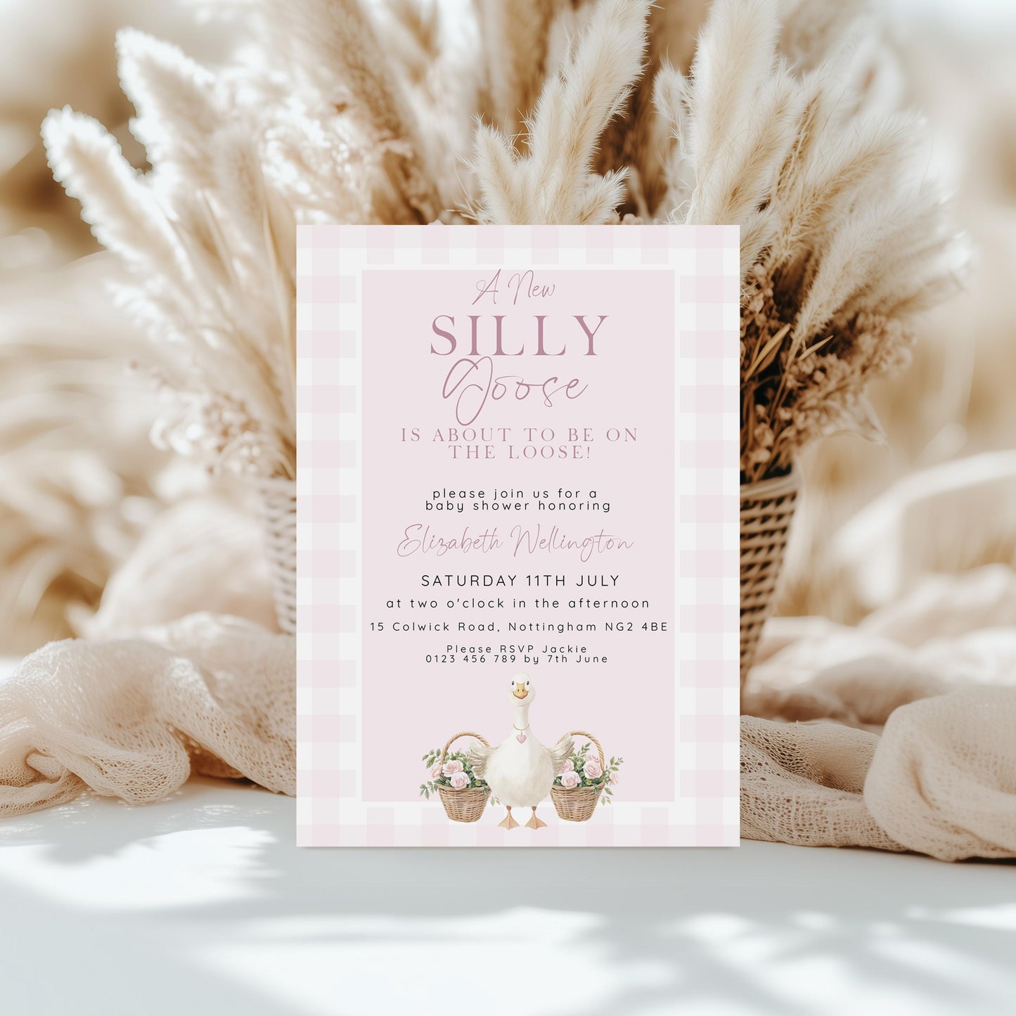 Silly Goose Baby Shower Bundle Girl, Editable Corjl Template Set, Books for Baby, Diaper Raffle, Thank You, Invite, Pink Gingham SG21