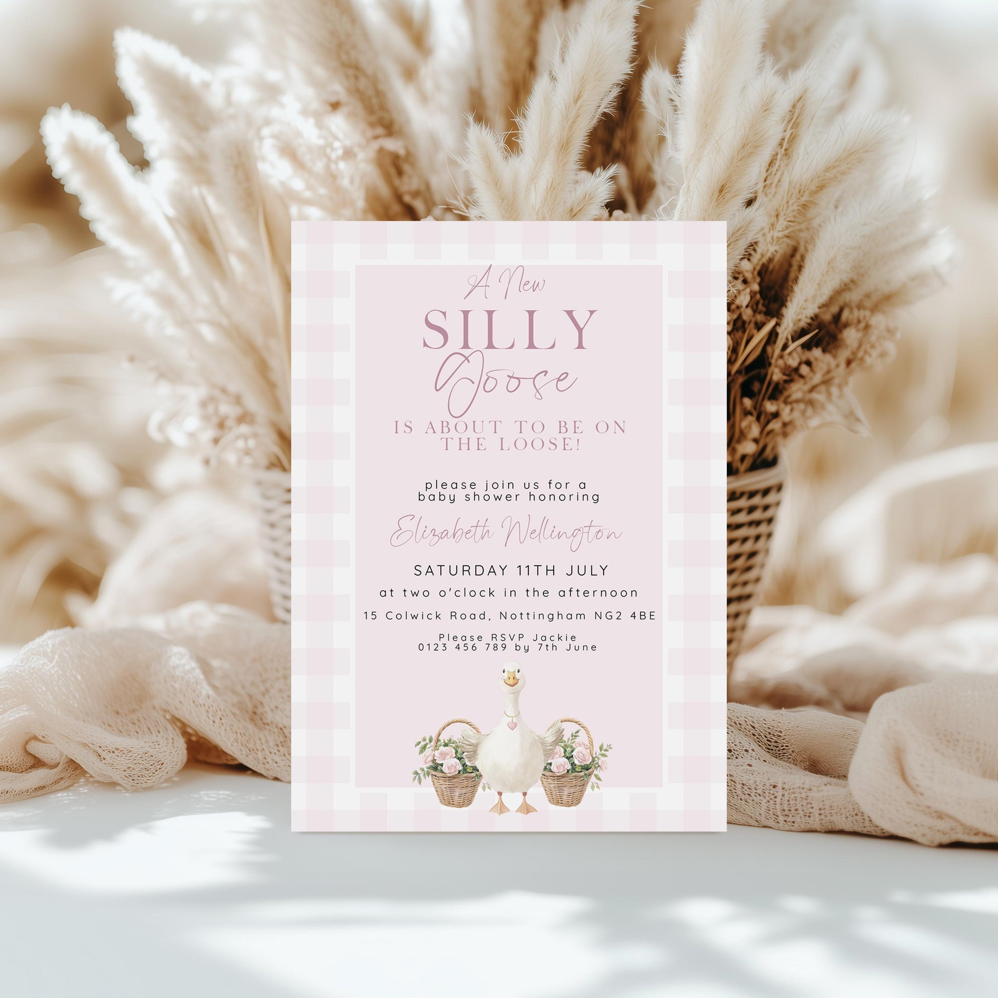 Silly Goose Baby Shower Bundle Girl, Editable Corjl Template Set, Books for Baby, Diaper Raffle, Thank You, Invite, Pink Gingham SG21