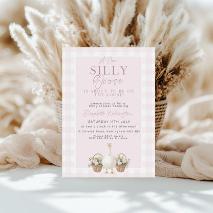 Silly Goose Baby Shower Bundle Girl, Editable Corjl Template Set, Books for Baby, Diaper Raffle, Thank You, Invite, Pink Gingham SG21