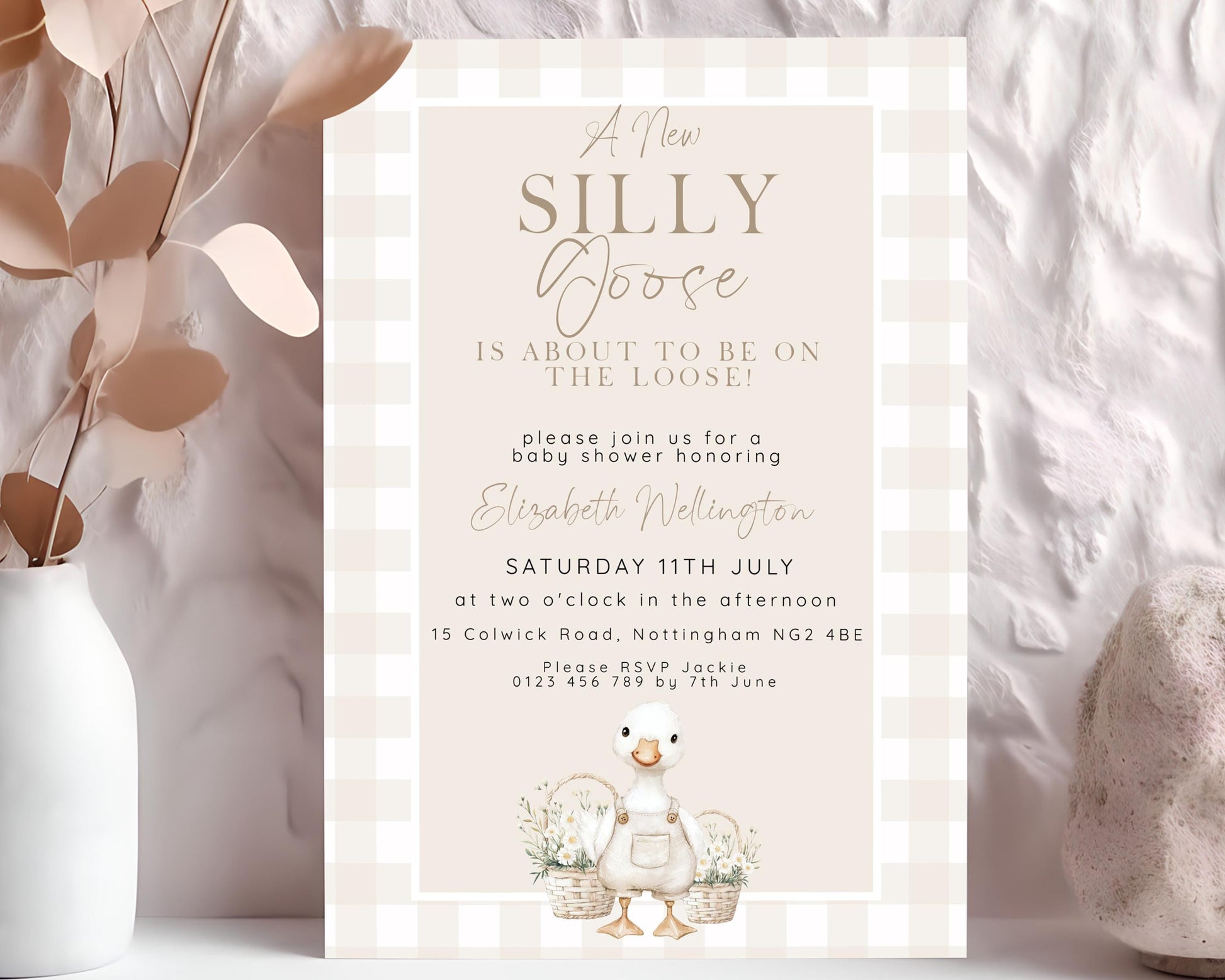 Silly Goose Baby Shower Bundle Gender Neutral, Editable Corjl Template Set, Books for Baby, Diaper Raffle, Thank You, Beige Gingham SG21