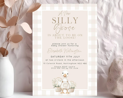 Silly Goose Baby Shower Bundle Gender Neutral, Editable Corjl Template Set, Books for Baby, Diaper Raffle, Thank You, Beige Gingham SG21
