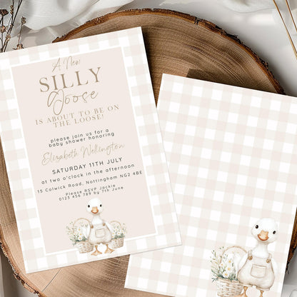 Silly Goose Baby Shower Bundle Gender Neutral, Editable Corjl Template Set, Books for Baby, Diaper Raffle, Thank You, Beige Gingham SG21