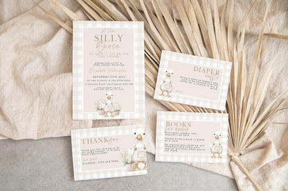 Silly Goose Baby Shower Bundle Gender Neutral, Editable Corjl Template Set, Books for Baby, Diaper Raffle, Thank You, Beige Gingham SG21