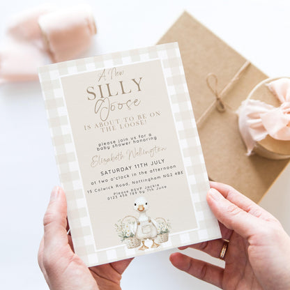 Silly Goose Baby Shower Bundle Gender Neutral, Editable Corjl Template Set, Books for Baby, Diaper Raffle, Thank You, Beige Gingham SG21