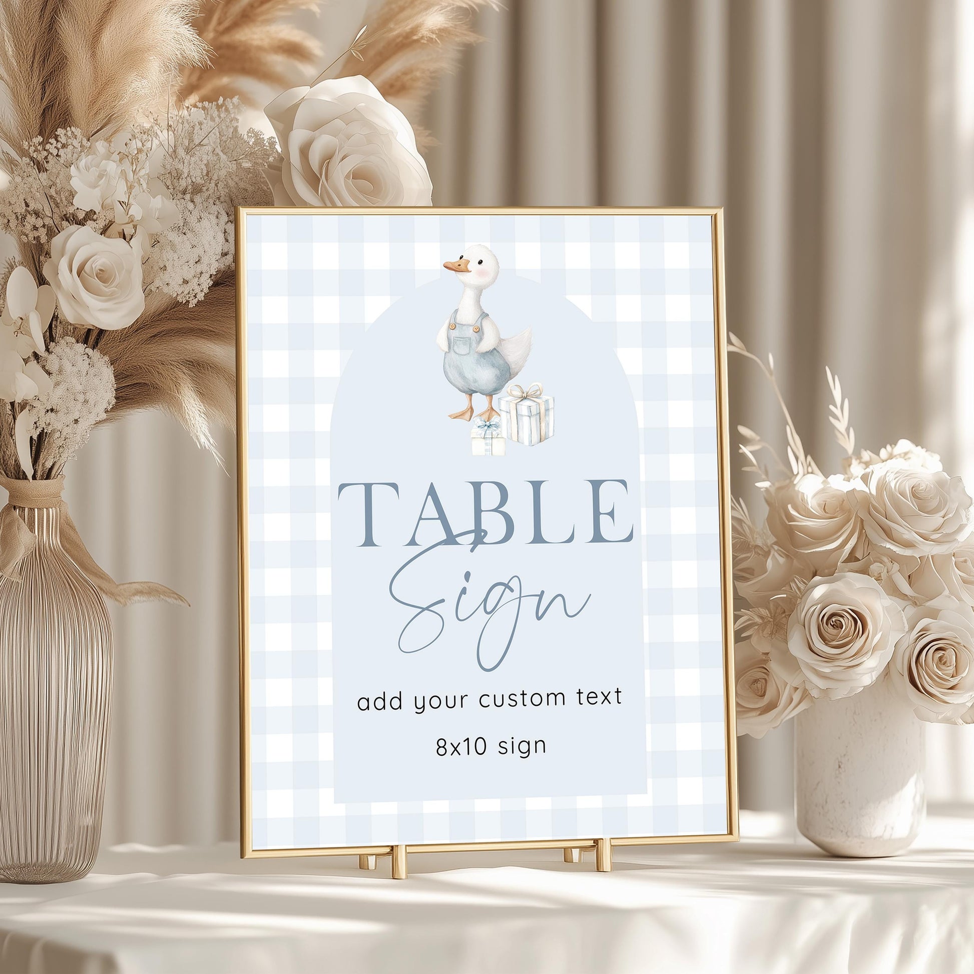 Silly Goose Table Sign Editable Template, Blue Gingham Boy Birthday Sign, 5x7 & 8x10 Sizes Included Baby Shower Corjl Instant Download SG21