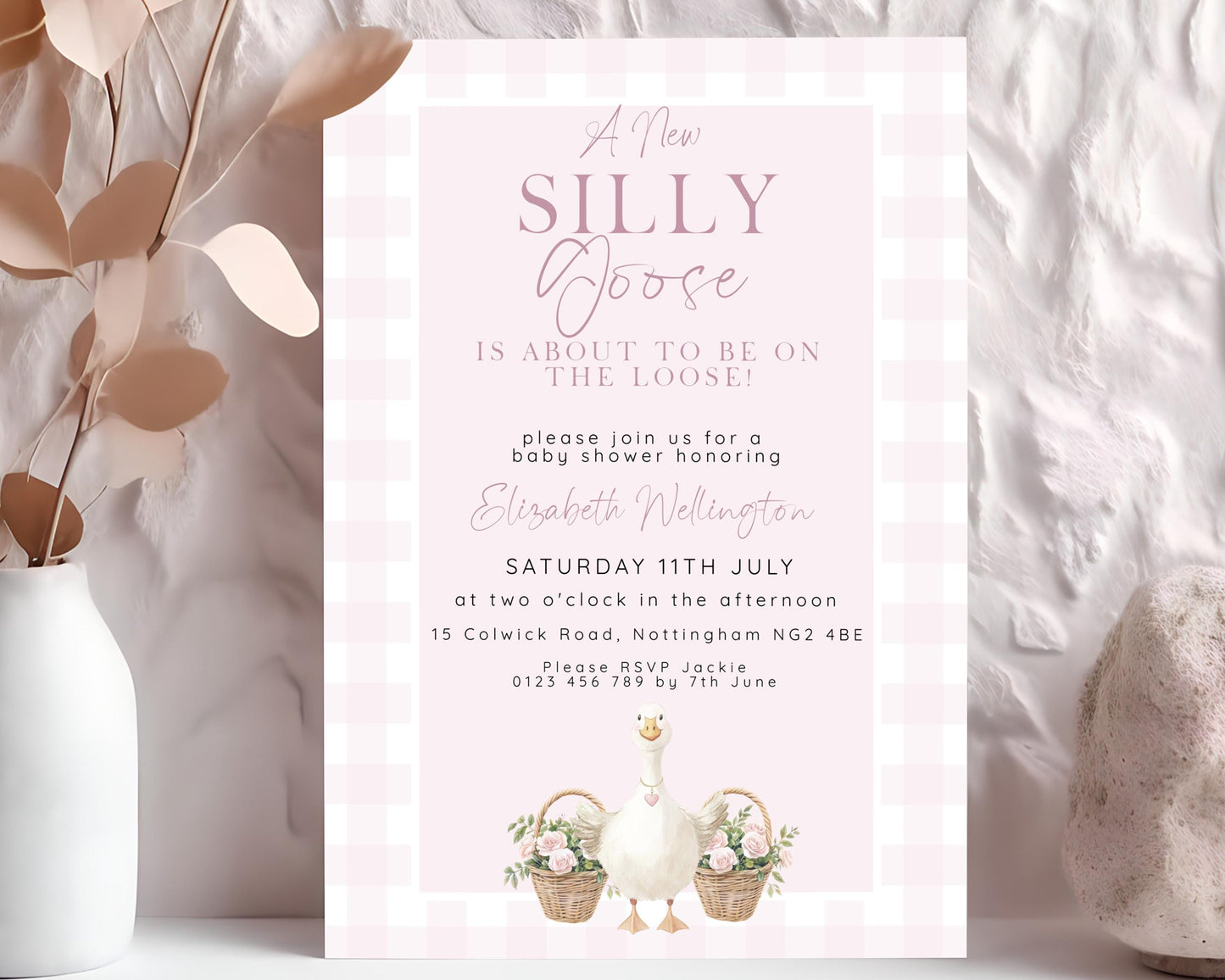 Silly Goose Baby Shower Bundle Girl, Editable Corjl Template Set, Books for Baby, Diaper Raffle, Thank You, Invite, Pink Gingham SG21