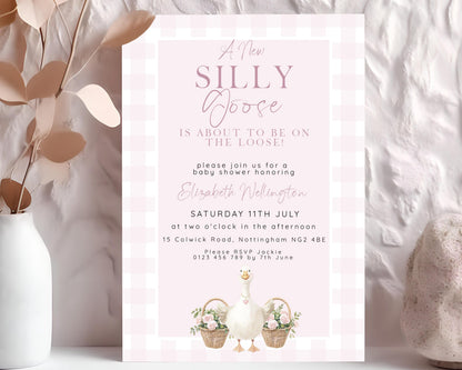 Silly Goose Baby Shower Bundle Girl, Editable Corjl Template Set, Books for Baby, Diaper Raffle, Thank You, Invite, Pink Gingham SG21