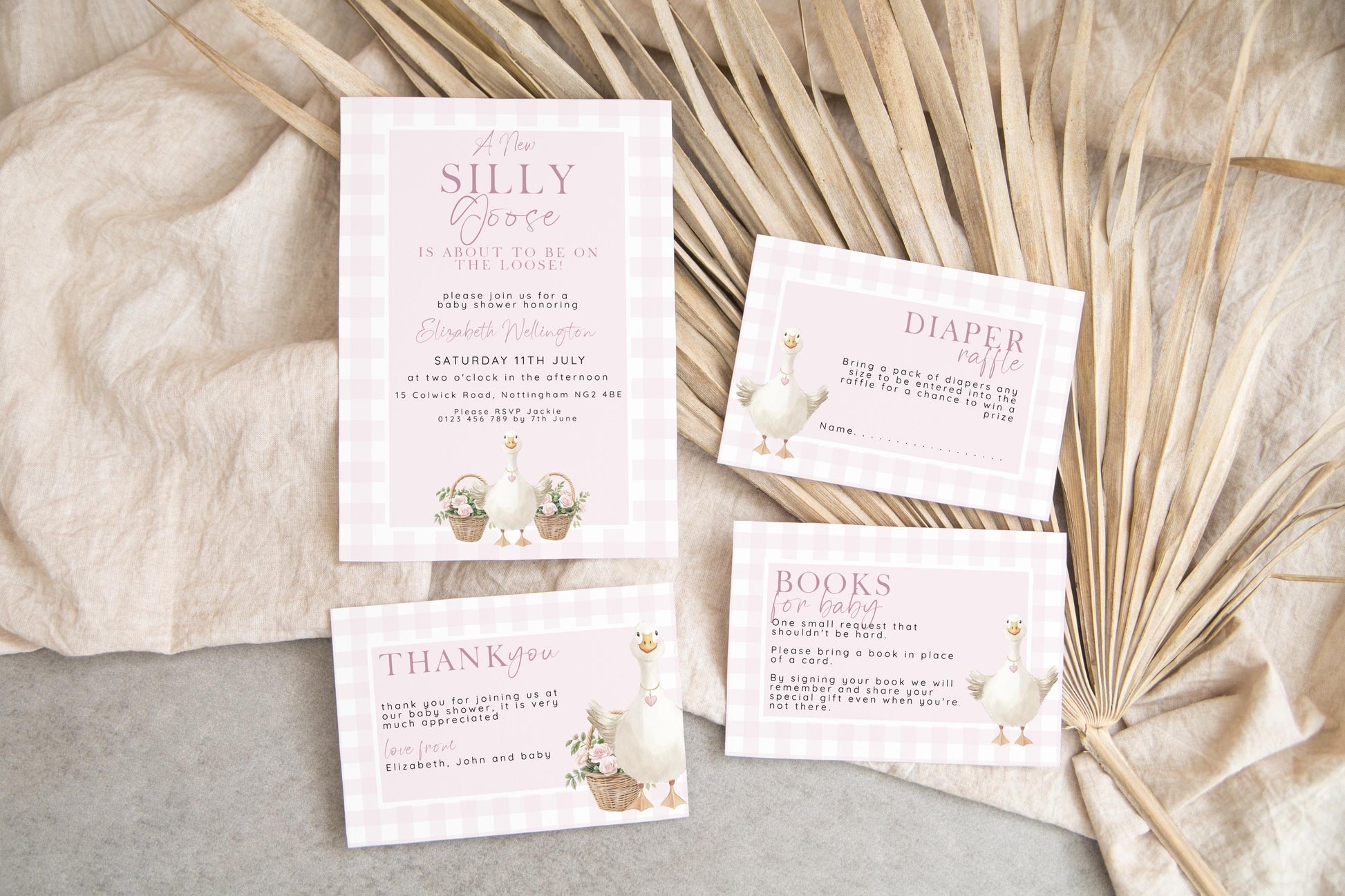 Silly Goose Baby Shower Bundle Girl, Editable Corjl Template Set, Books for Baby, Diaper Raffle, Thank You, Invite, Pink Gingham SG21