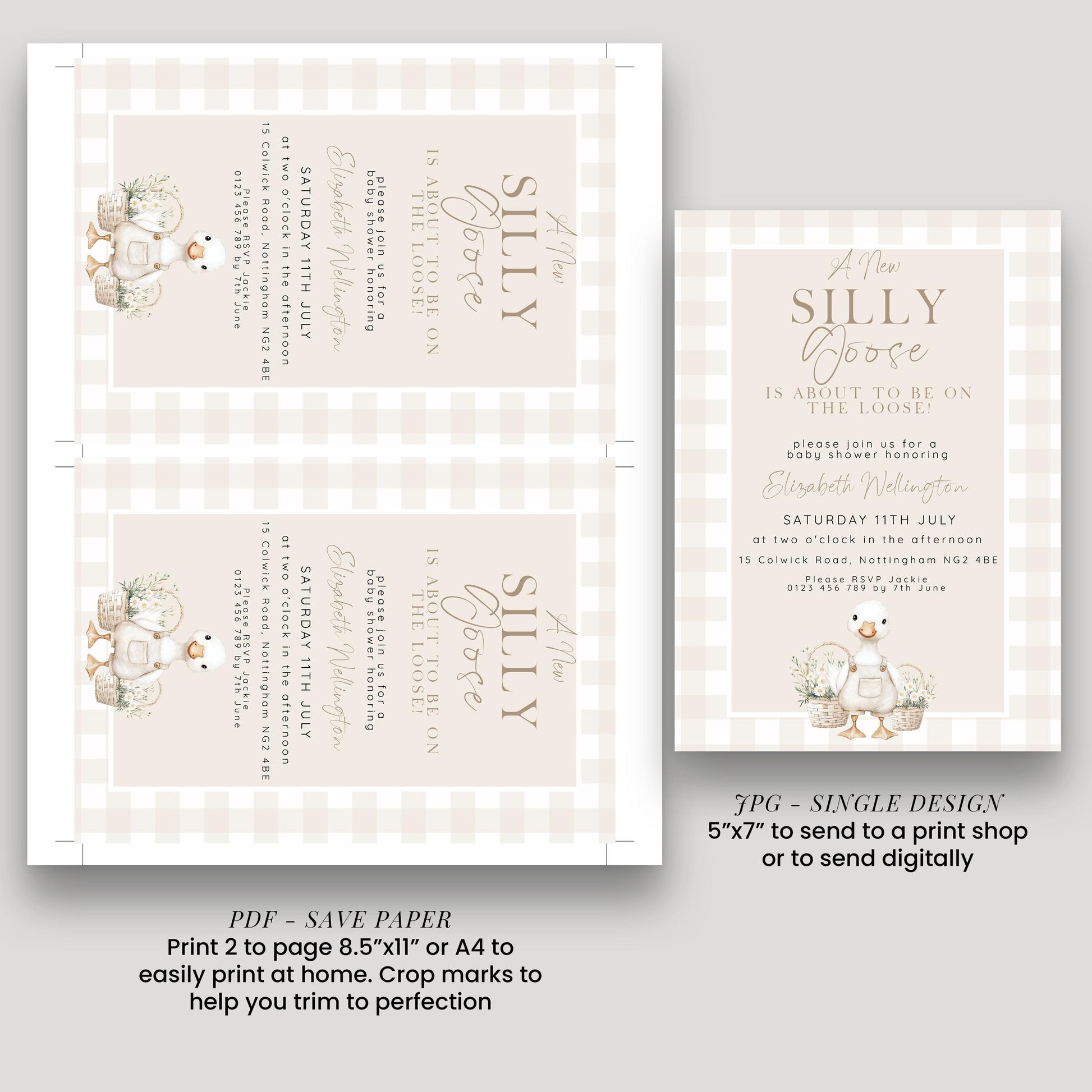 Silly Goose Baby Shower Bundle Gender Neutral, Editable Corjl Template Set, Books for Baby, Diaper Raffle, Thank You, Beige Gingham SG21