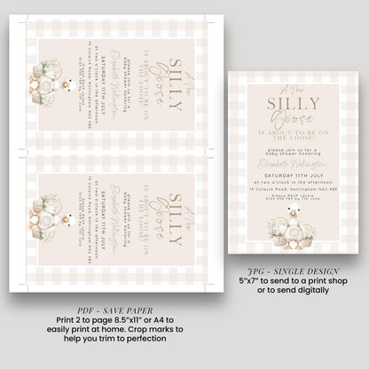 Silly Goose Baby Shower Bundle Gender Neutral, Editable Corjl Template Set, Books for Baby, Diaper Raffle, Thank You, Beige Gingham SG21