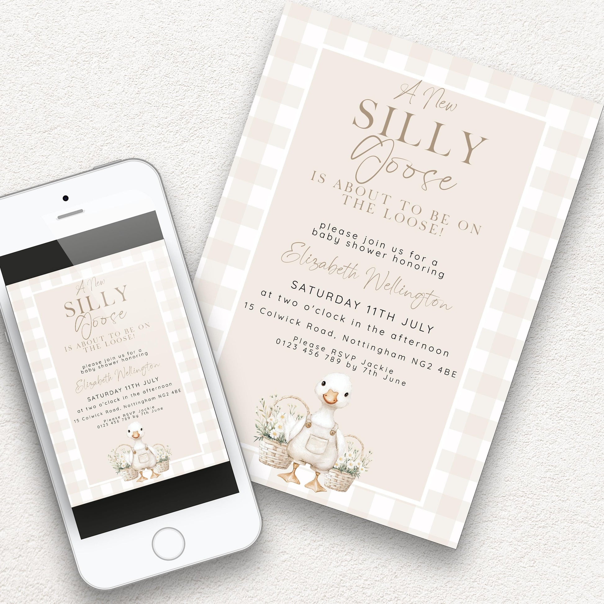 Silly Goose Baby Shower Bundle Gender Neutral, Editable Corjl Template Set, Books for Baby, Diaper Raffle, Thank You, Beige Gingham SG21