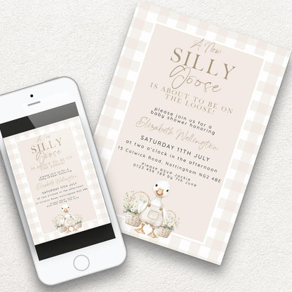 Silly Goose Baby Shower Bundle Gender Neutral, Editable Corjl Template Set, Books for Baby, Diaper Raffle, Thank You, Beige Gingham SG21