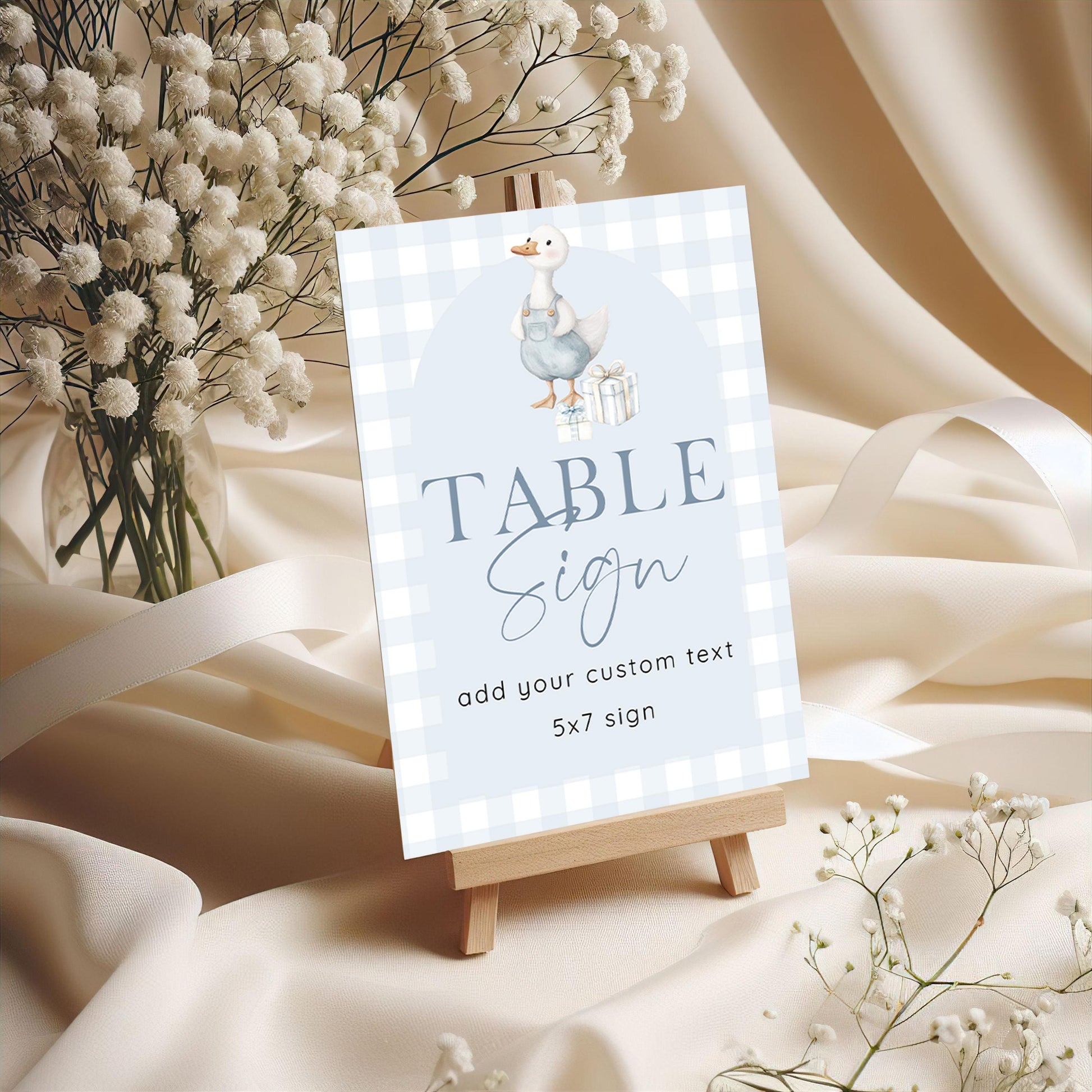 Silly Goose Table Sign Editable Template, Blue Gingham Boy Birthday Sign, 5x7 & 8x10 Sizes Included Baby Shower Corjl Instant Download SG21