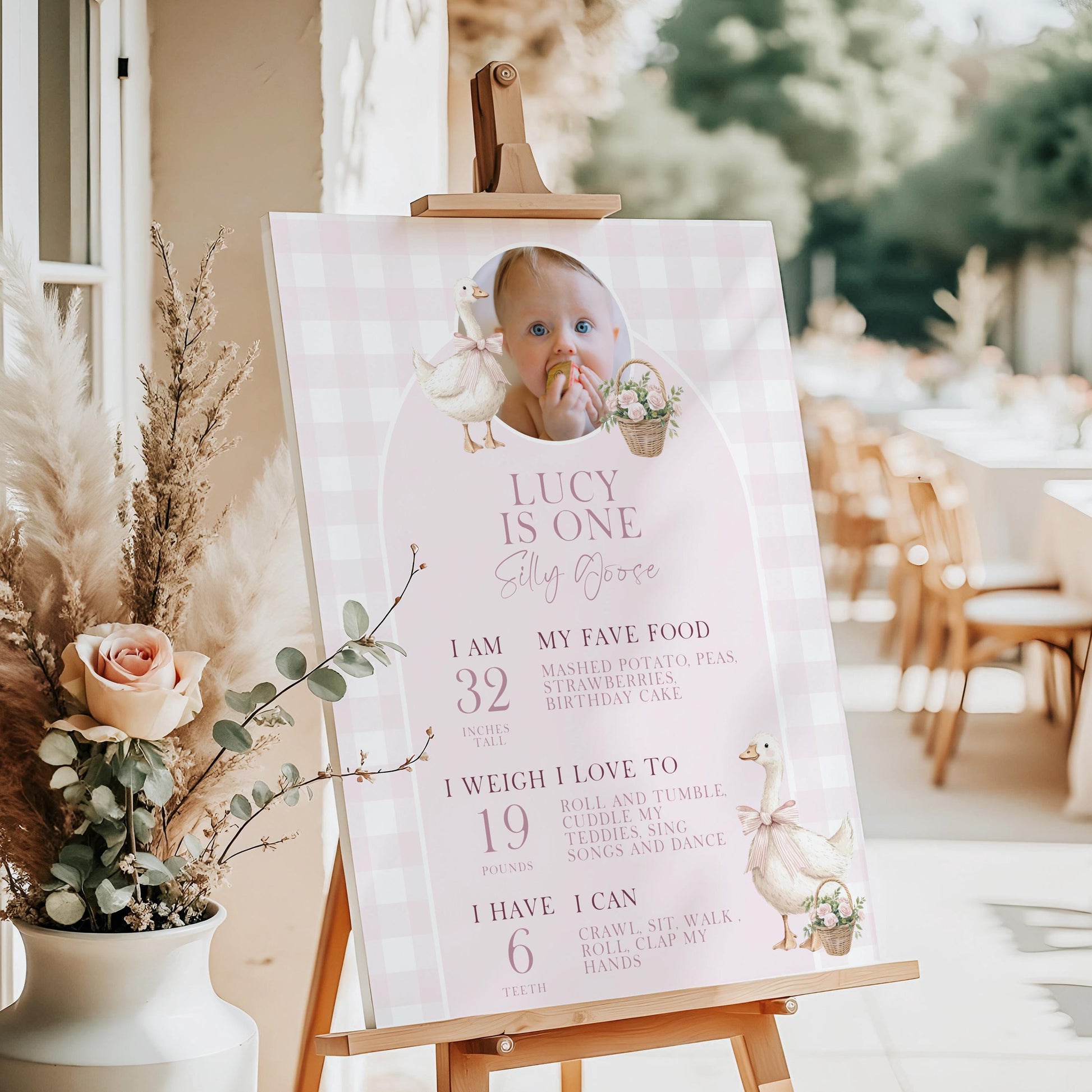 Editable pink Silly Goose milestone birthday sign with photo for a one-year-old girl. Available in 8x10, 16x20, 18x24 and 24x35 sizes.