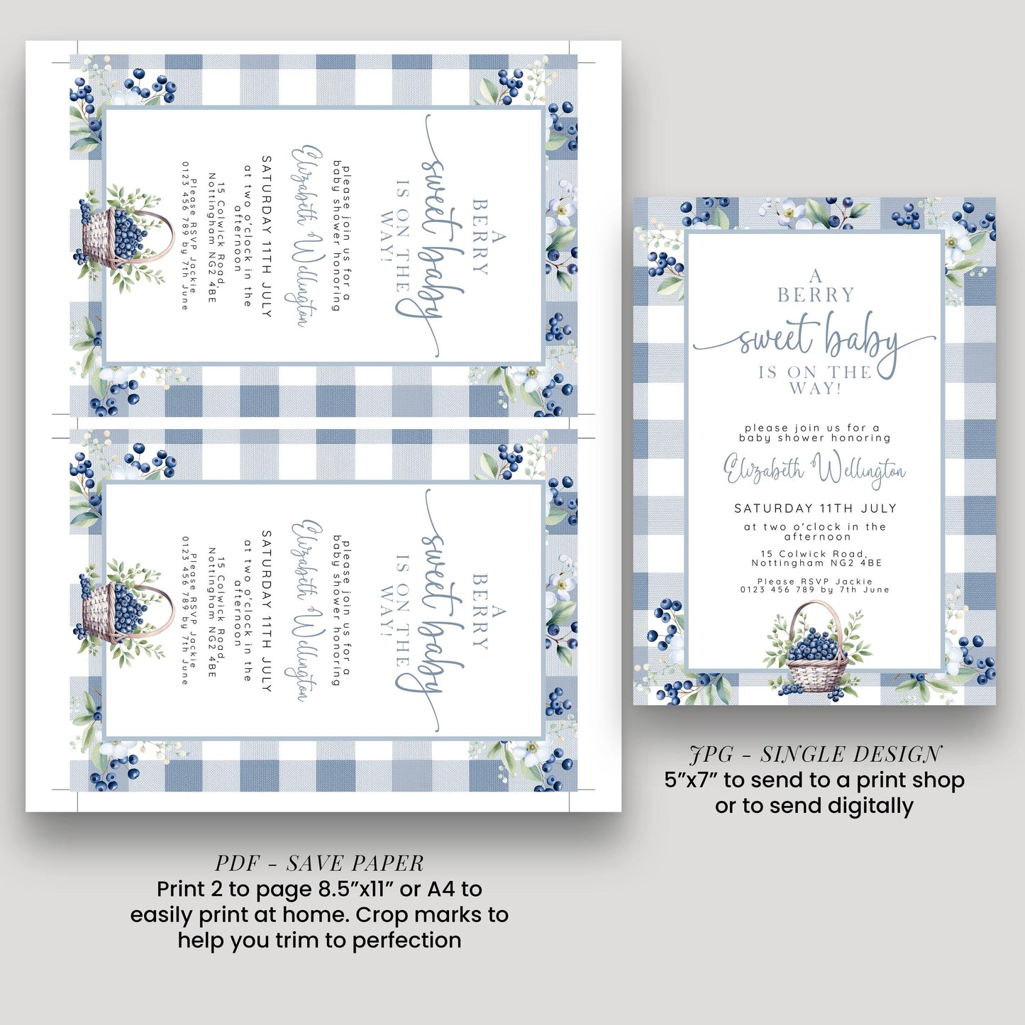 Blueberry Baby Shower Bundle, Editable Invitation, Books for Baby, Diaper Raffle & Thank You Card, Corjl Templates, Berry Sweet Theme BL21