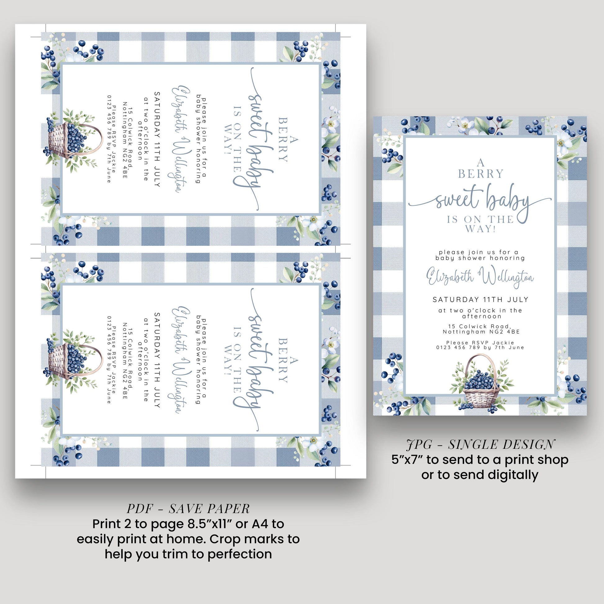 Blueberry Baby Shower Bundle, Editable Invitation, Books for Baby, Diaper Raffle & Thank You Card, Corjl Templates, Berry Sweet Theme BL21