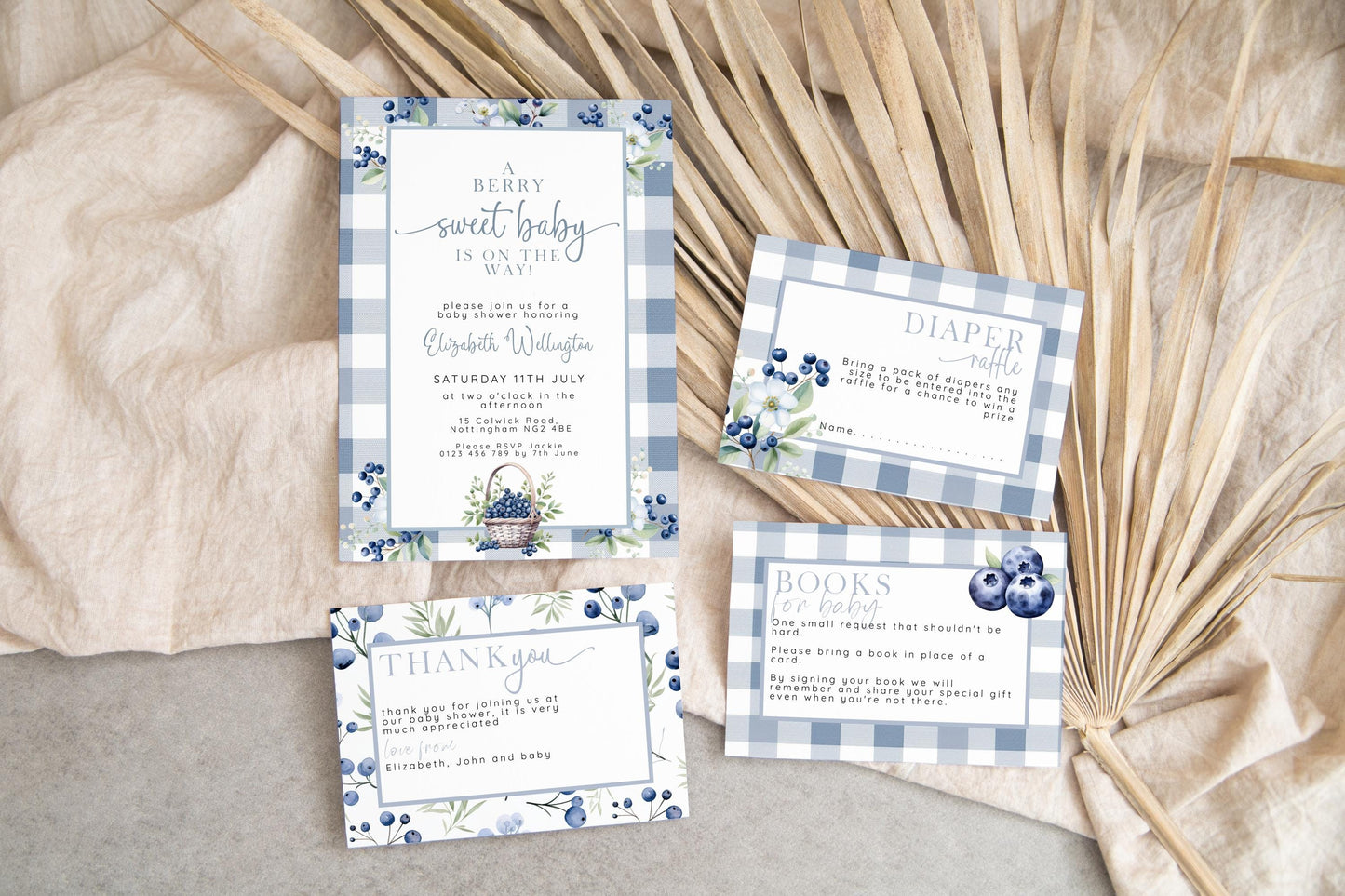 Blueberry Baby Shower Bundle, Editable Invitation, Books for Baby, Diaper Raffle & Thank You Card, Corjl Templates, Berry Sweet Theme BL21