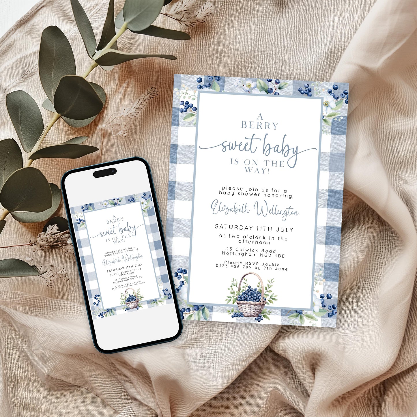 Blueberry Baby Shower Bundle, Editable Invitation, Books for Baby, Diaper Raffle & Thank You Card, Corjl Templates, Berry Sweet Theme BL21