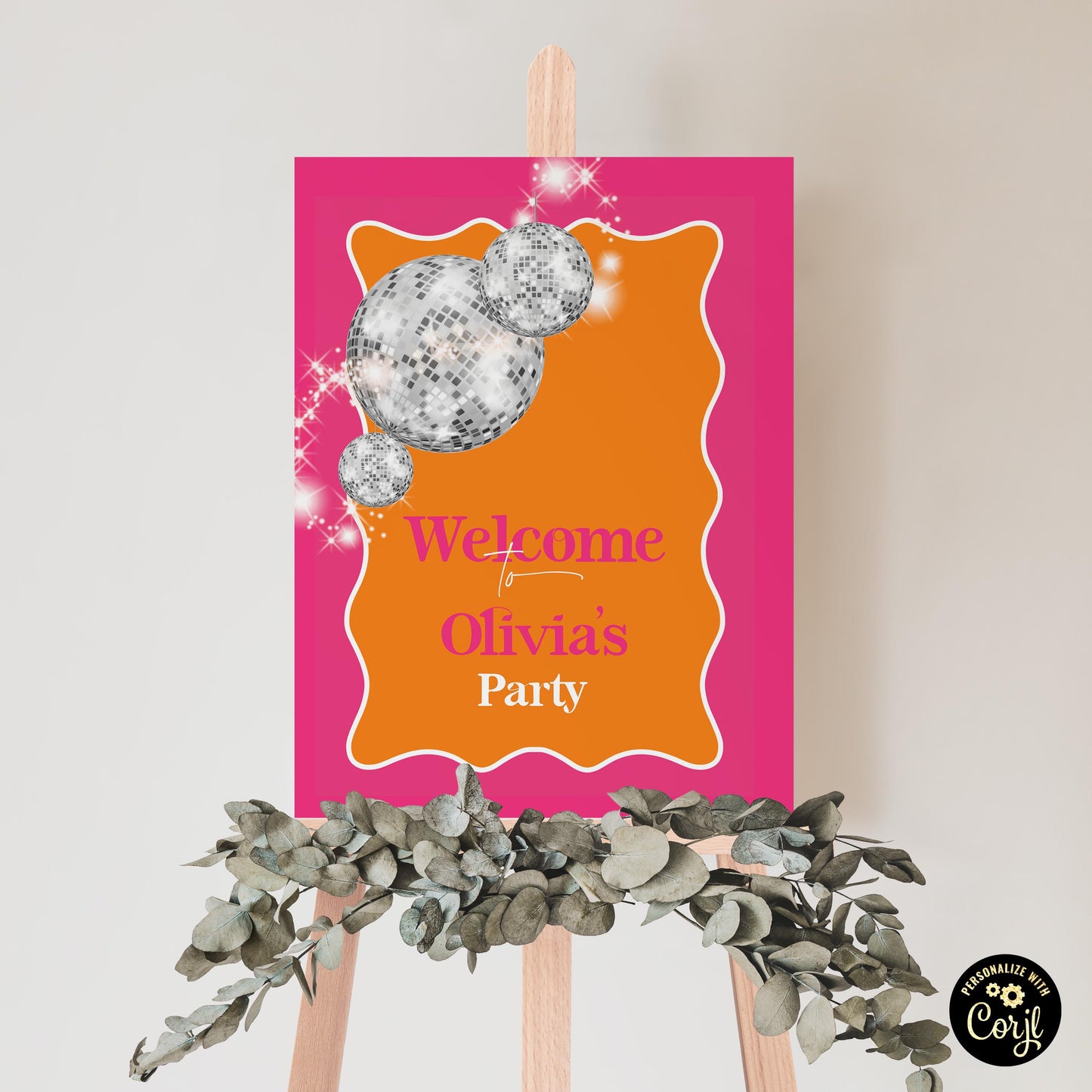Birthday Welcome Sign Pink Orange, Printable Bridal Shower Poster for Girls, Editable Text Template Retro Disco Ball Party Decor, Download
