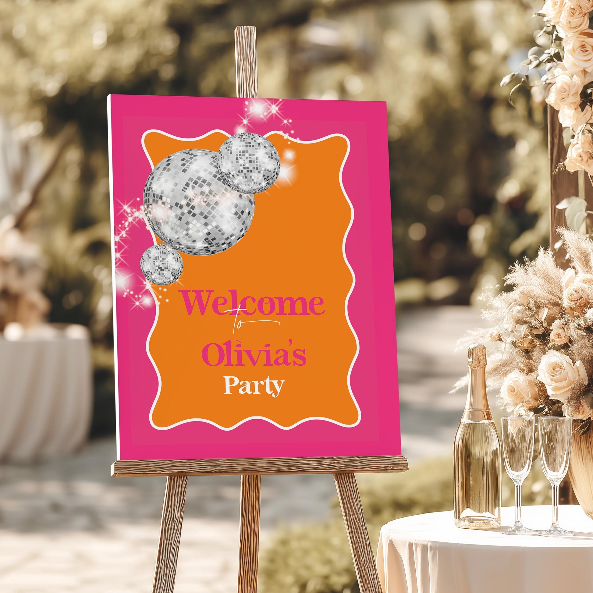 Birthday Welcome Sign Pink Orange, Printable Bridal Shower Poster for Girls, Editable Text Template Retro Disco Ball Party Decor, Download