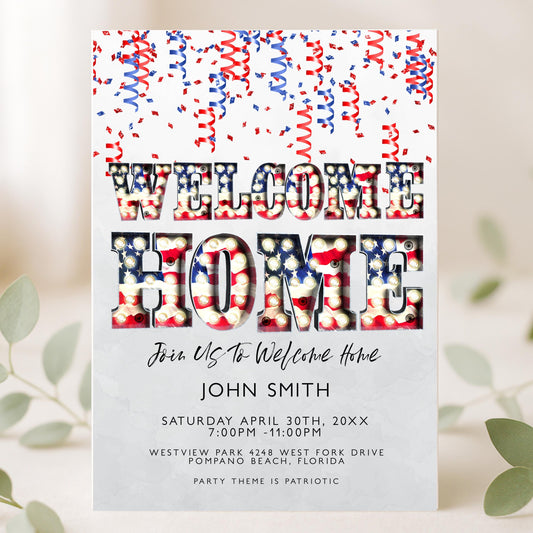 Welcome Home Party Invitation, Editable Patriotic Red White Blue Invite, Printable Template, Digital Download