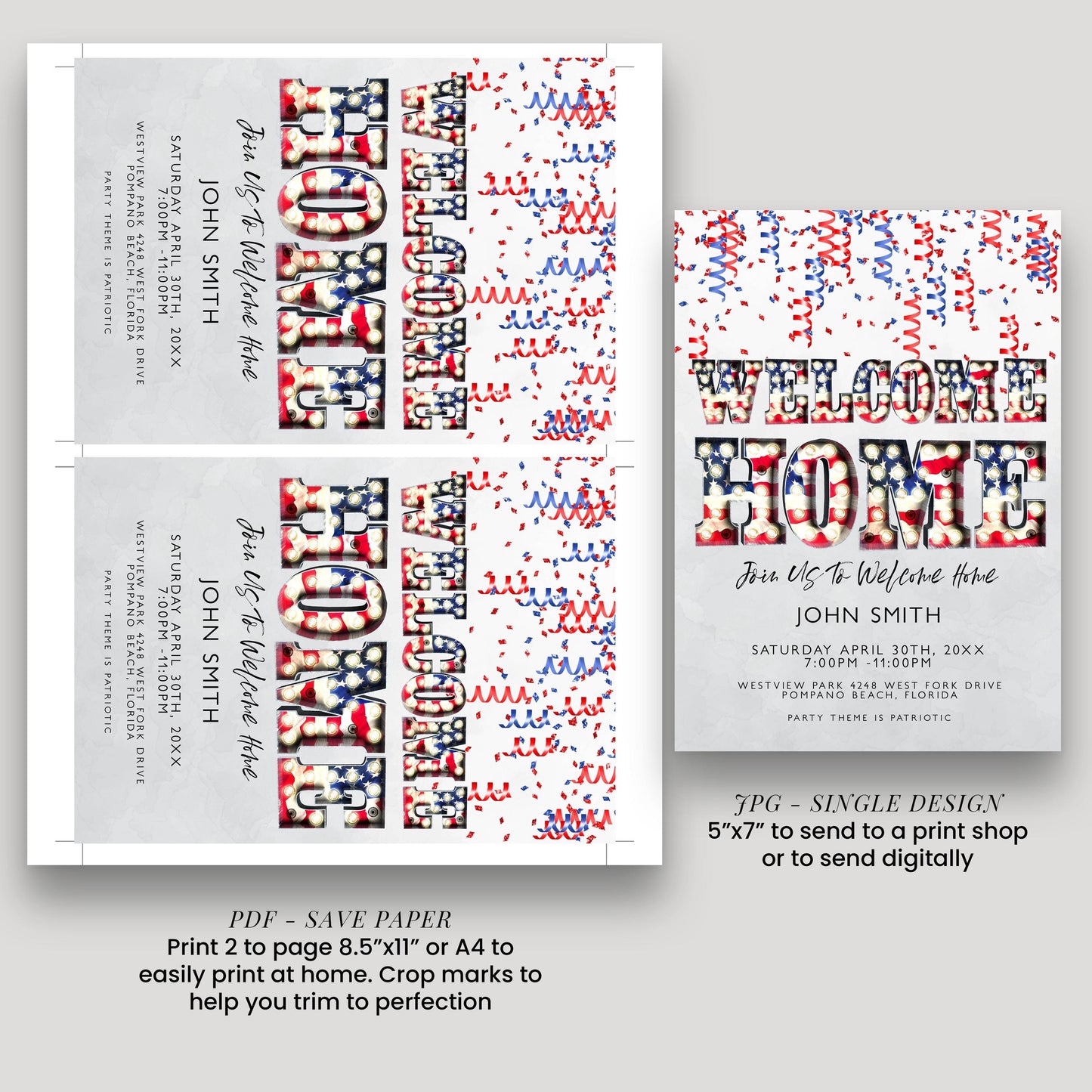 Welcome Home Party Invitation, Editable Patriotic Red White Blue Invite, Printable Template, Digital Download