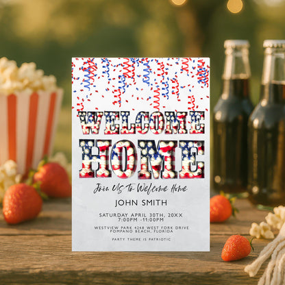 Welcome Home Party Invitation, Editable Patriotic Red White Blue Invite, Printable Template, Digital Download