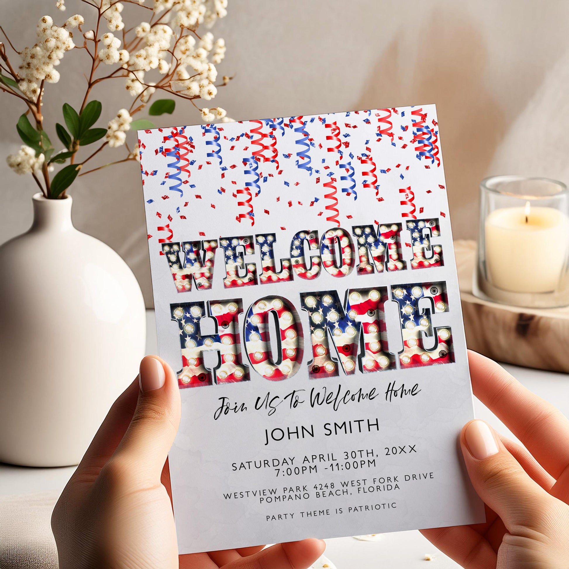 Welcome Home Party Invitation, Editable Patriotic Red White Blue Invite, Printable Template, Digital Download