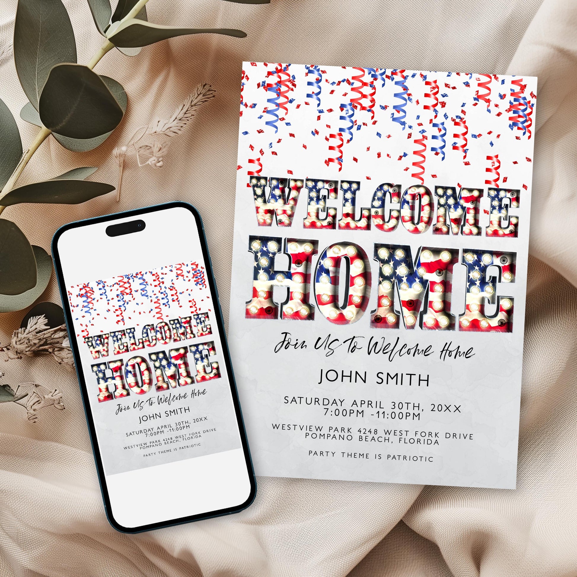 Welcome Home Party Invitation, Editable Patriotic Red White Blue Invite, Printable Template, Digital Download