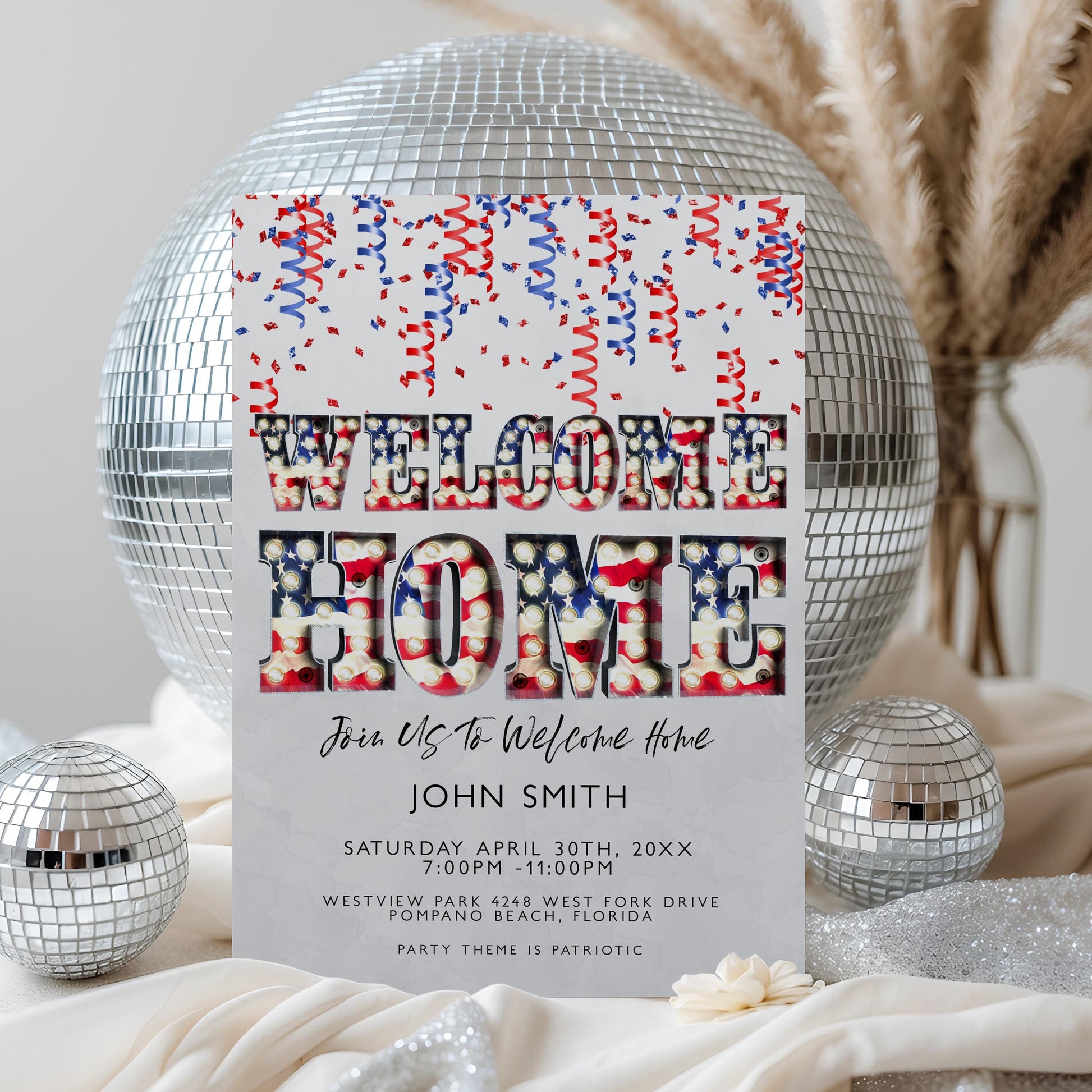 Welcome Home Party Invitation, Editable Patriotic Red White Blue Invite, Printable Template, Digital Download