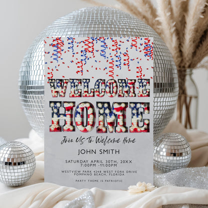 Welcome Home Party Invitation, Editable Patriotic Red White Blue Invite, Printable Template, Digital Download