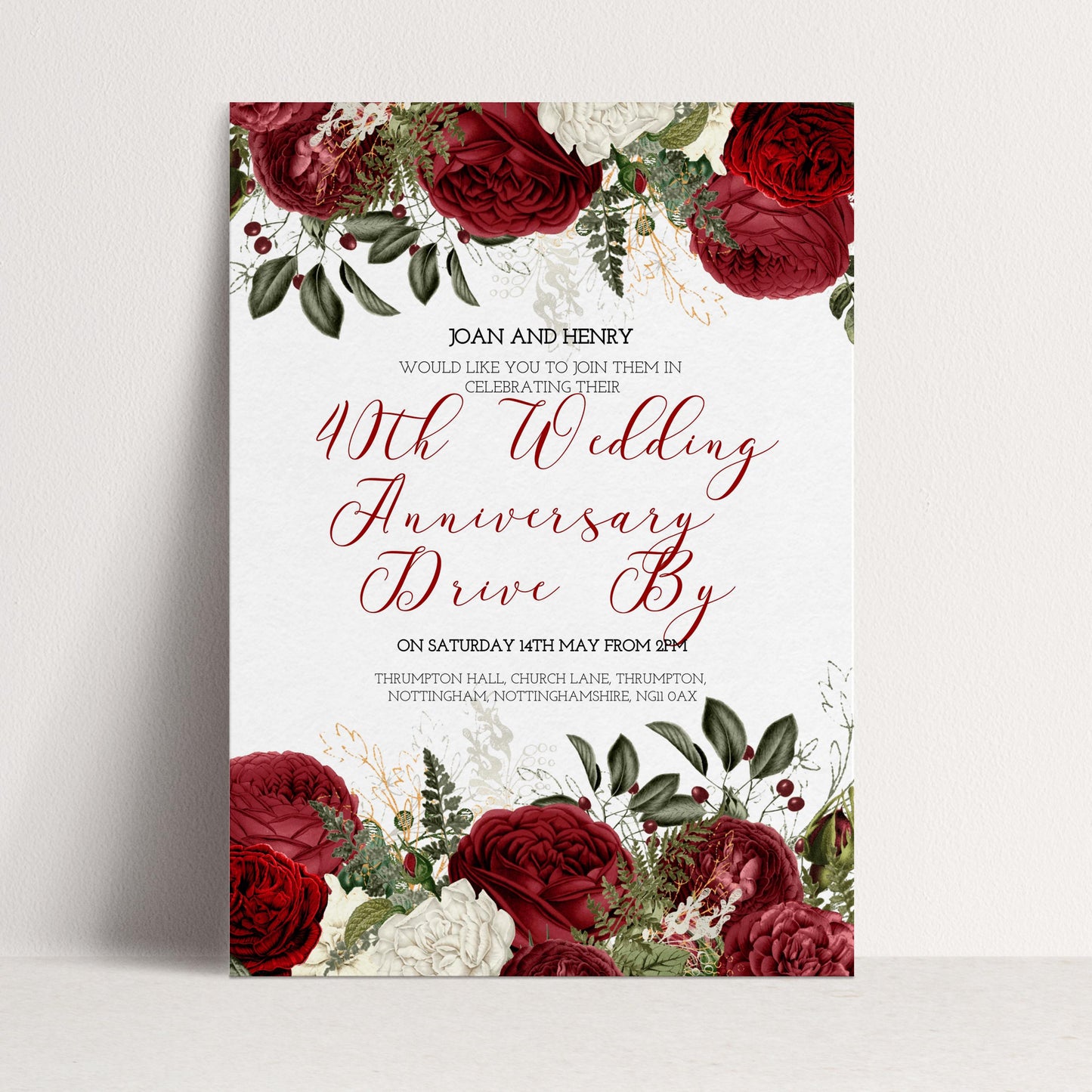 40th Wedding Anniversary Invitation Ruby Theme, Elegant Floral Anniversary Party Invite, Red Rose Celebration, Editable Template